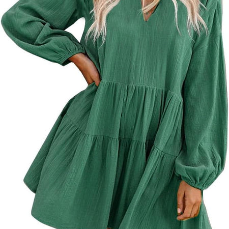 Long Sleeve Shift Tunic Dress Ruffle Swing Babydoll Juniors Mini Ruffle Dress with Pockets